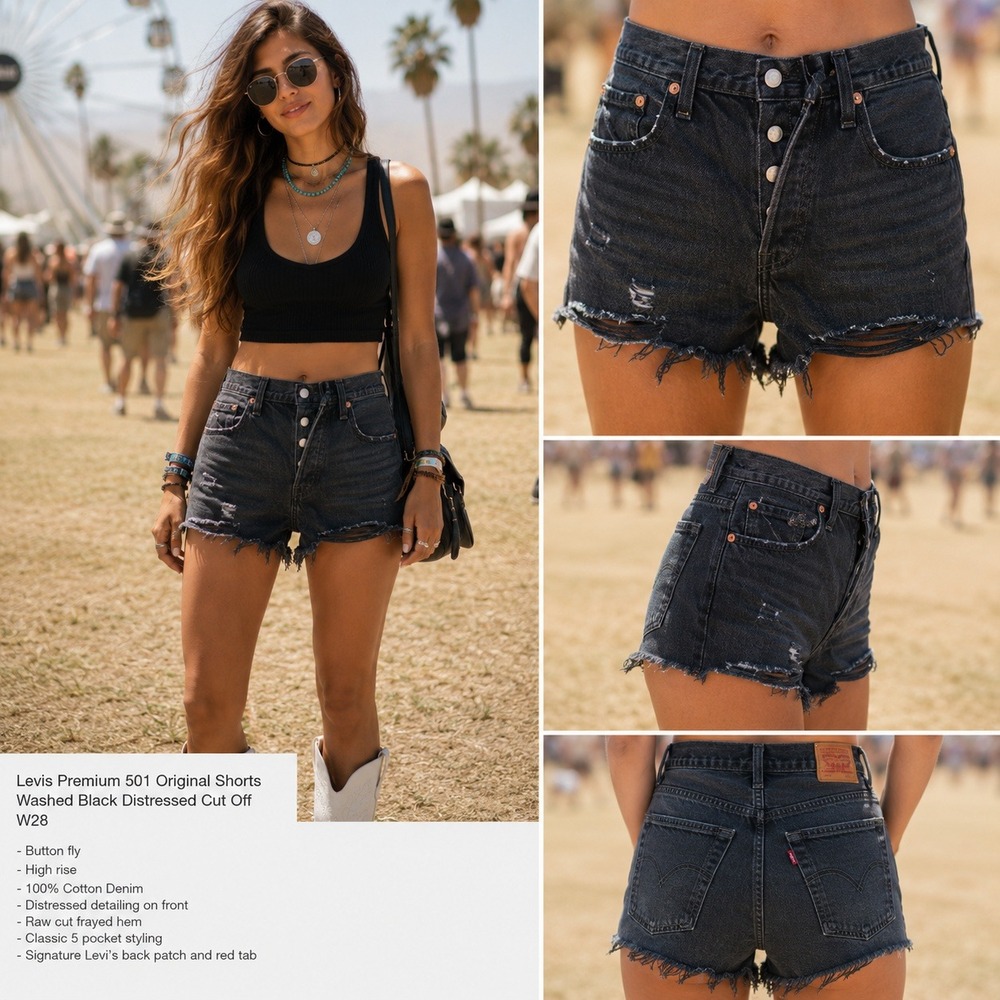 Levis Premium 501 Original Shorts Washed Black Distressed Cut Off  W28